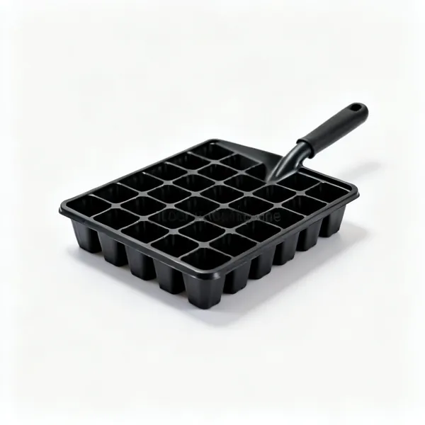 Seed trays: A black plastic seed tray with a grid of individual cells