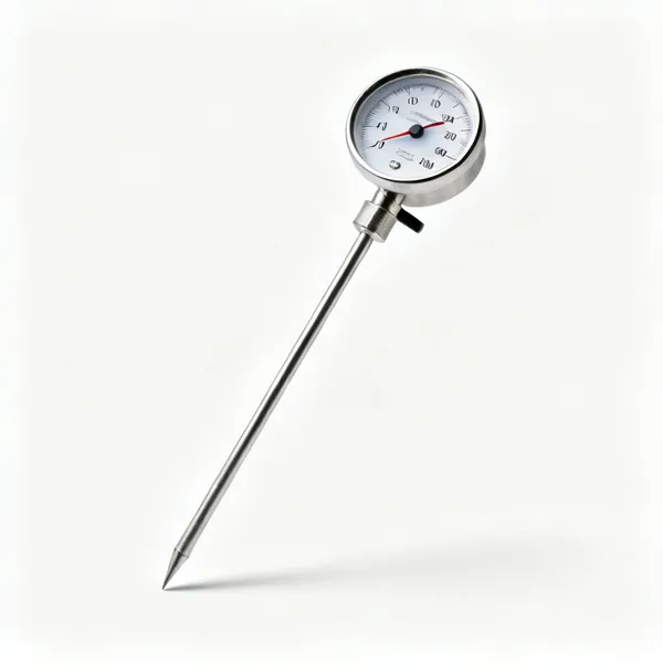 A metal soil thermometer with a dial face and a long probe