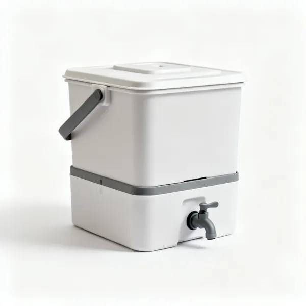 A small plastic wormery composting bin with a lid and a tap at the base