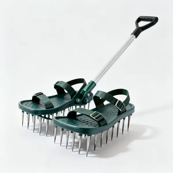 A pair of lawn aerator sandals, plastic soles with long steel spikes and straps