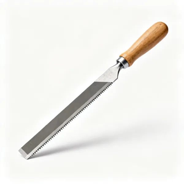 Blade sharpening file: A flat metal file with a wooden handle and parallel toothed faces
