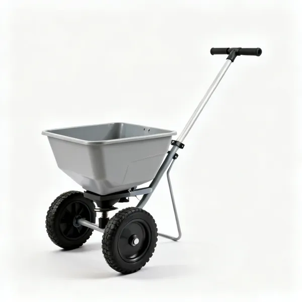 A push along drop spreader with a hopper, two wheels and a long handle