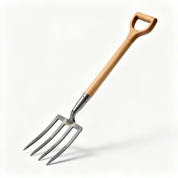 Garden fork: A garden digging fork with four square section steel tines and a wooden shaft with a D handle