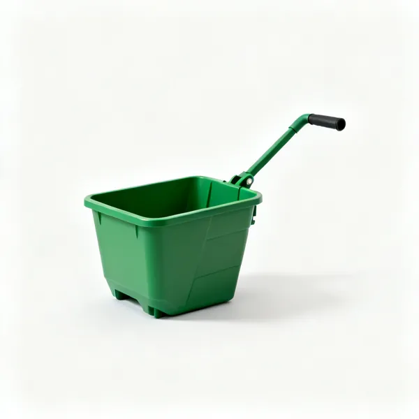 A green plastic lawn mower grass collection box with a handle