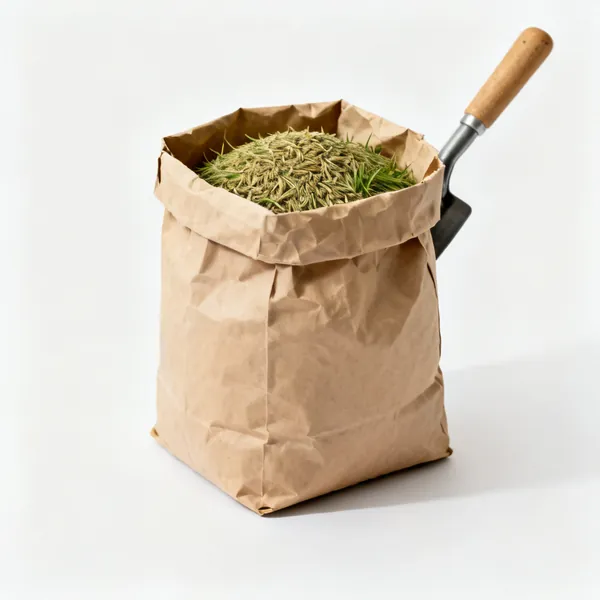 An open paper sack of grass seed with seed visible at the top