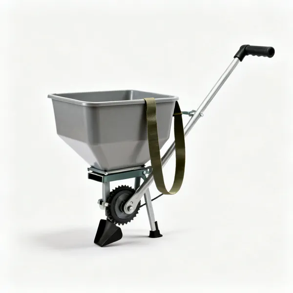 Hand spreader: A hand held crank operated seed and feed spreader with a hopper and a shoulder strap