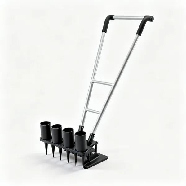 Hollow tine aerator: A hollow tine lawn aerator with four hollow tubes on a foot plate and two upright handles
