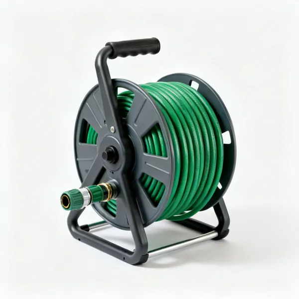 Hose and reel: A garden hose reel with green hose wound on it and a connector