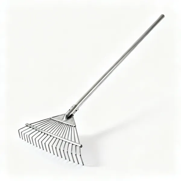 A wide landscape rake with a long straight steel head of rigid tines on a long handle