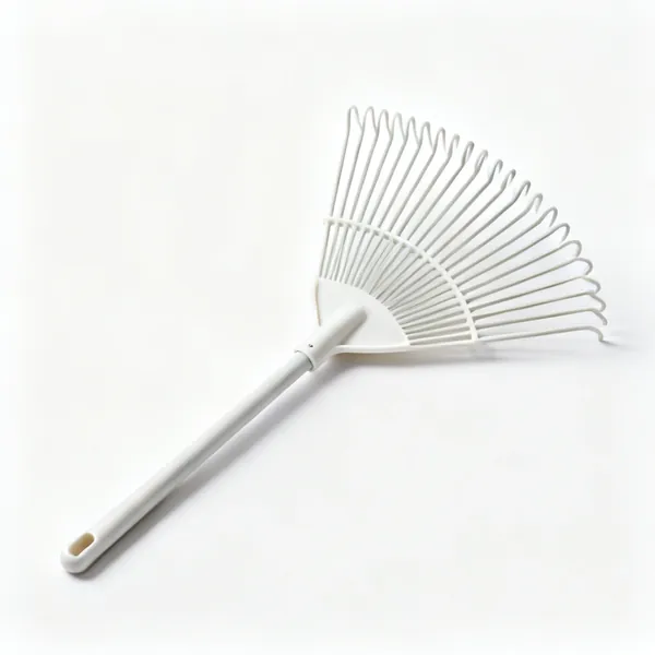 A wide plastic leaf rake with a fan of light springy tines on a long handle