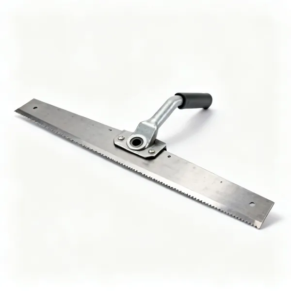 Spare mower blade: A straight steel rotary lawn mower blade with a central mounting hole