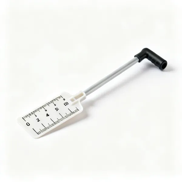 A small plastic lawn mower cutting height gauge with graduated markings