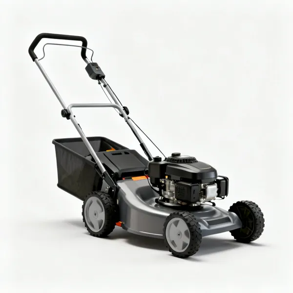 Rotary mower: A petrol rotary lawn mower with four wheels, a grass box and a push handle