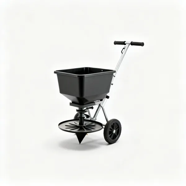 Rotary spreader: A push along rotary broadcast spreader with a hopper, spinning plate and a handle