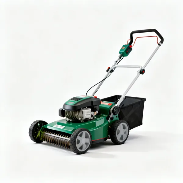 Powered scarifier: An electric lawn scarifier with a rotating blade drum, wheels, grass box and a push handle