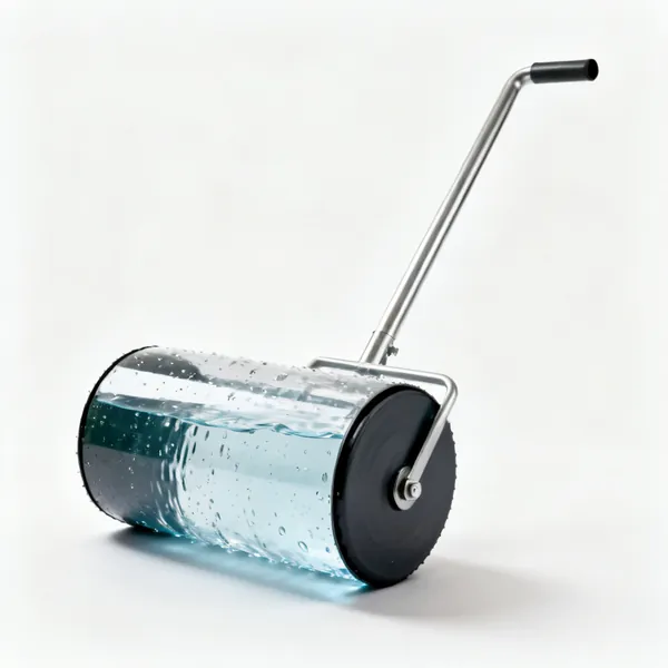 A water filled lawn roller drum with a long steel handle