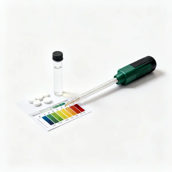 Soil pH tester: A soil pH testing kit with a small vial, tablets and a colour chart