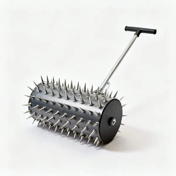 Spiked aerator roller: A spiked lawn aerator roller drum with rows of steel spikes and a long handle