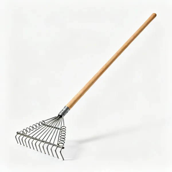 Spring tine rake: A spring tine lawn rake with a fan of long springy metal tines and a long wooden handle