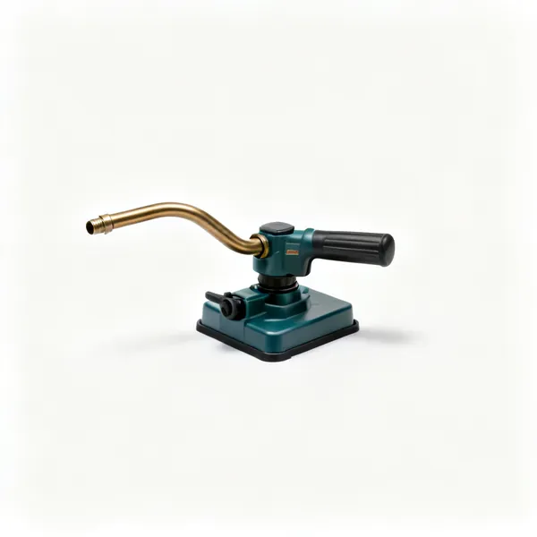 Oscillating sprinkler: An oscillating lawn sprinkler with a curved brass arm on a plastic base