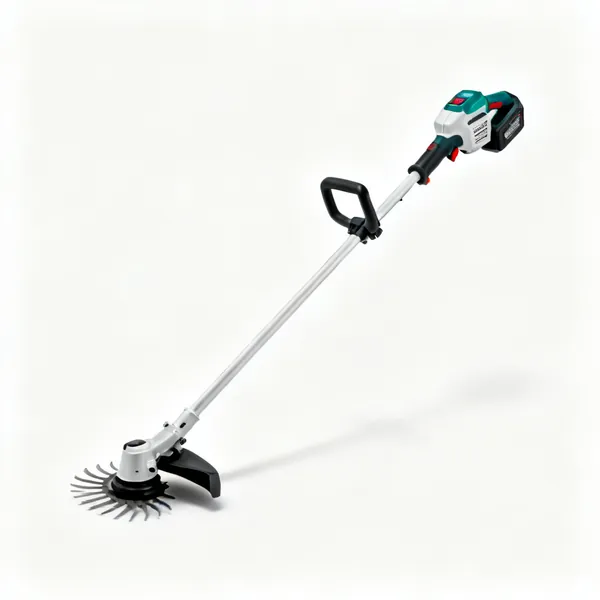 A cordless grass strimmer with a long shaft, guard and cutting head