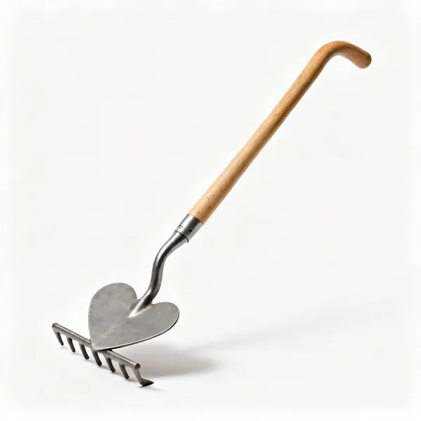 A turfing iron with a flat heart shaped steel blade on a bent wooden shaft