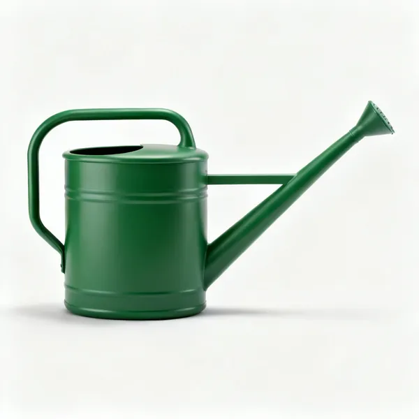 Watering can with dribble bar: A green watering can with a long horizontal dribble bar attachment
