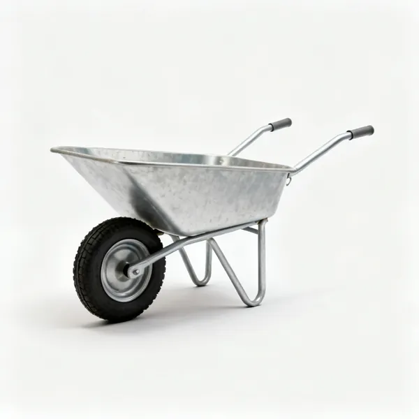 A metal wheelbarrow with a single pneumatic wheel, two tubular handles and two legs