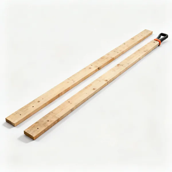 Two long wooden scaffold boards lying flat side by side