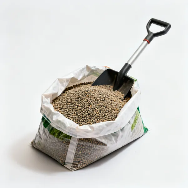 Lawn feed: An open bag of granular lawn fertiliser with granules visible
