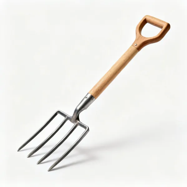 Garden fork: A garden digging fork with four square section steel tines and a wooden shaft with a D handle