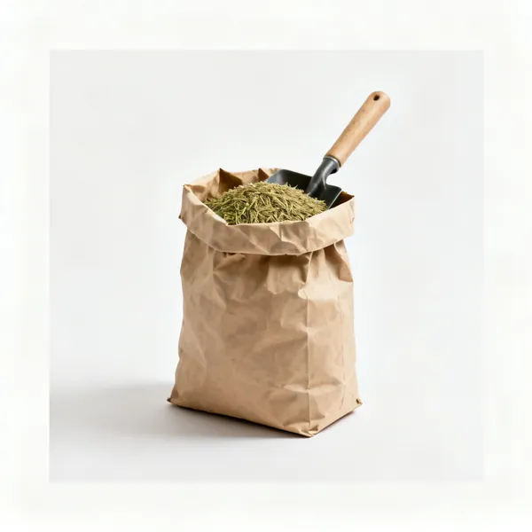 An open paper sack of grass seed with seed visible at the top