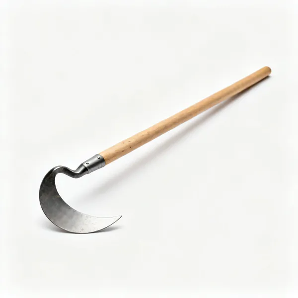 Half moon iron: A garden edging iron with a half moon crescent shaped steel blade and a long wooden shaft