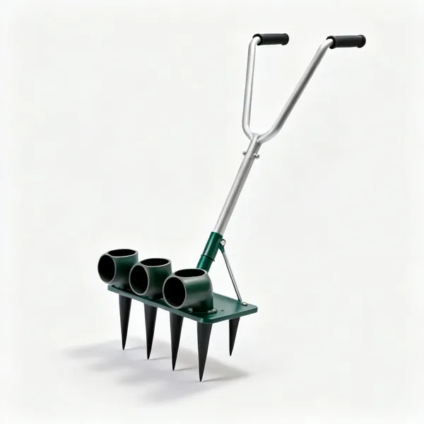 Hollow tine aerator: A hollow tine lawn aerator with four hollow tubes on a foot plate and two upright handles