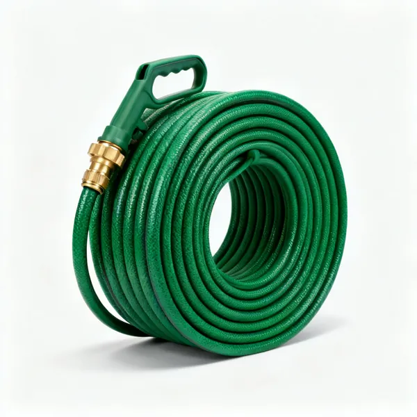 A coiled green garden hose with a brass connector