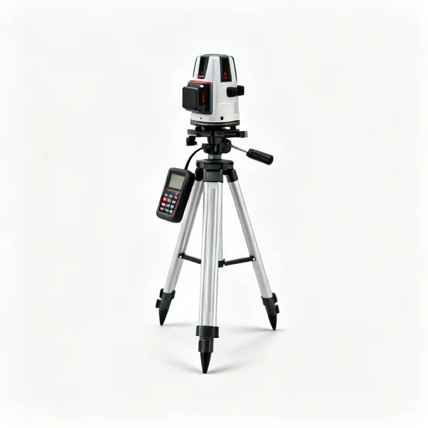 A rotating laser level on a tripod with a handheld receiver