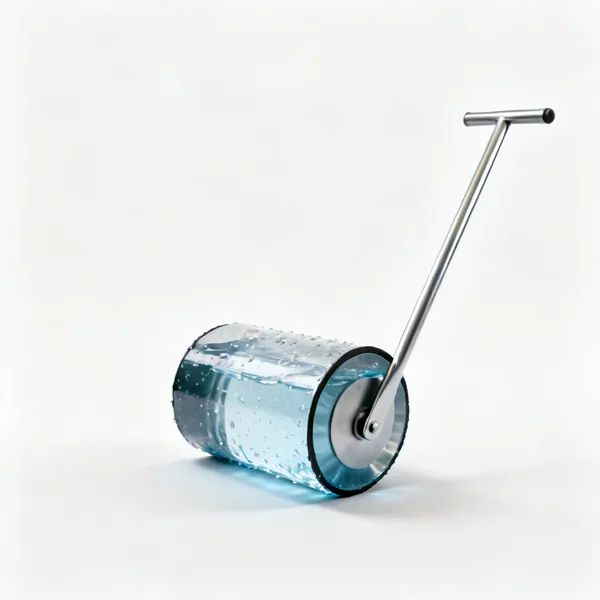 A water filled lawn roller drum with a long steel handle