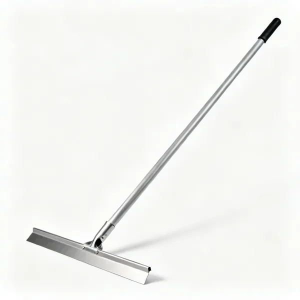 A wide levelling rake with a long straight rigid steel head on a long handle