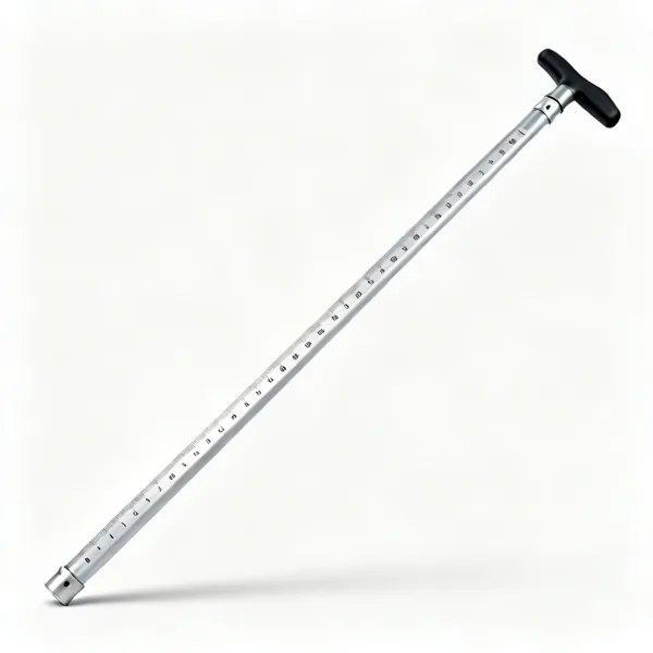 A graduated aluminium measuring staff rod with markings