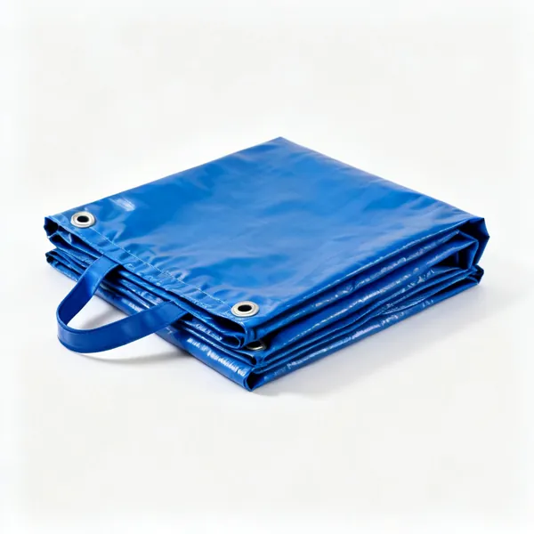 A folded blue polypropylene tarpaulin sheet with reinforced eyelets