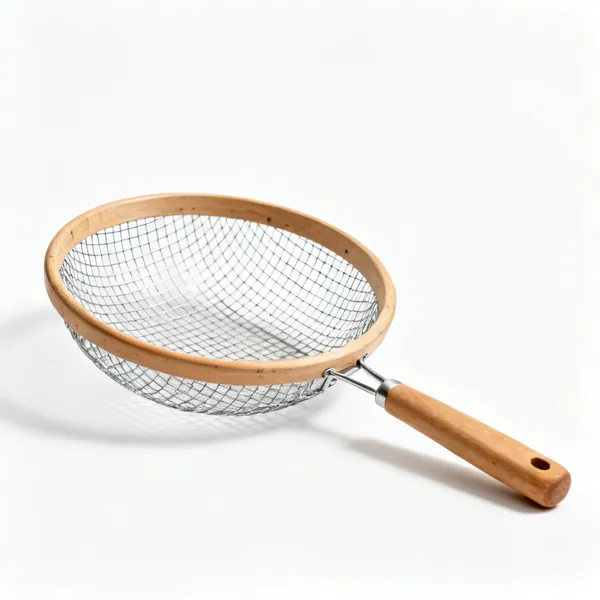 Soil sieve: A round garden sieve riddle with a wooden rim and a steel wire mesh base