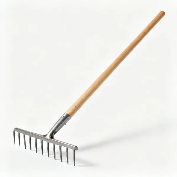 A garden soil rake with a straight steel head of short rigid tines and a long wooden shaft