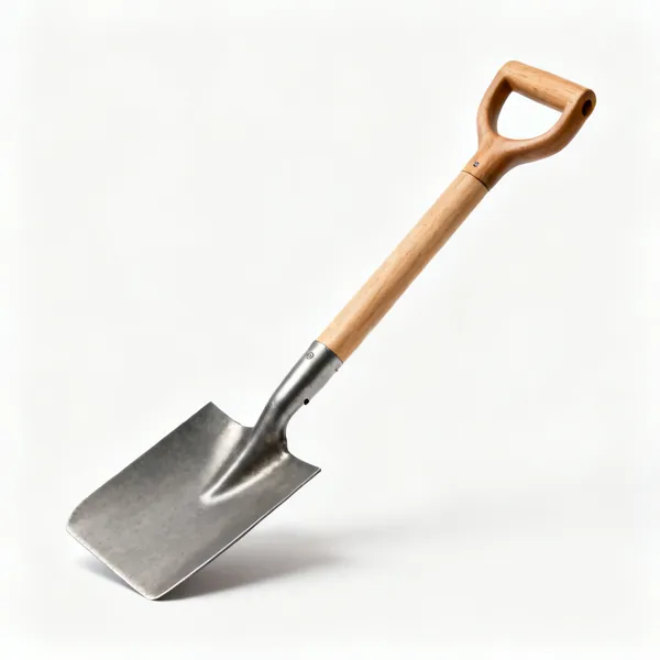 A garden digging spade with a flat rectangular steel blade and a wooden shaft with a D handle