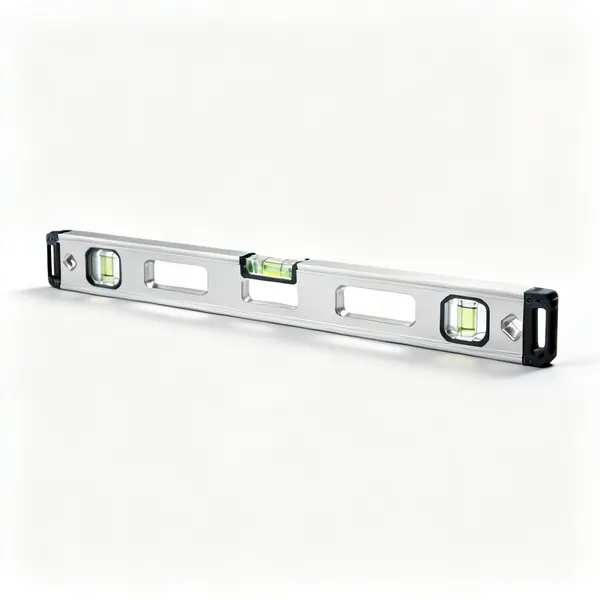 A long aluminium spirit level with several glass vials and machined edges