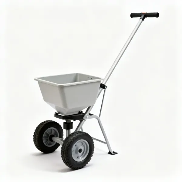Seed spreader: A push along drop spreader with a hopper, two wheels and a long handle