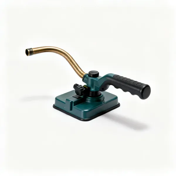 An oscillating lawn sprinkler with a curved brass arm on a plastic base
