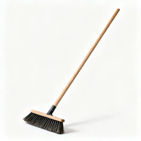 Stiff brush: A stiff bristled yard broom with a long wooden handle