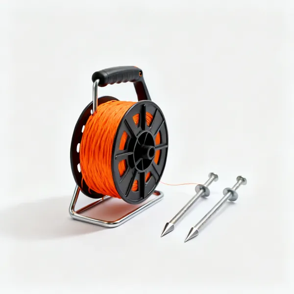 String line and pegs: A string line reel with bright orange builders line beside two pointed metal pegs