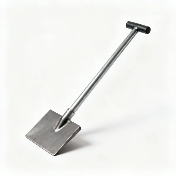 An earth tamper with a heavy square flat steel plate on a long straight metal shaft