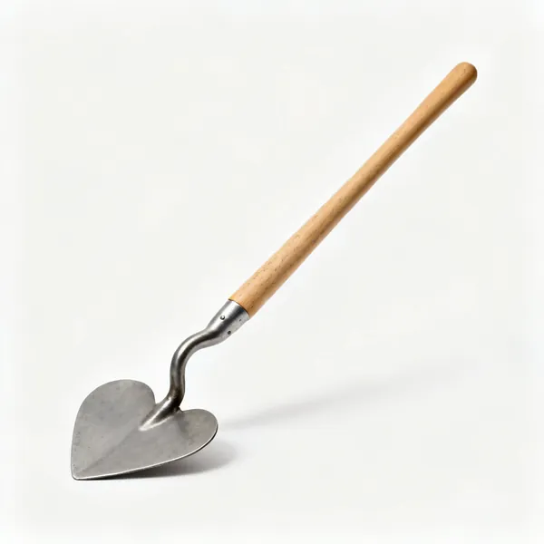 A turfing iron with a flat heart shaped steel blade on a bent wooden shaft